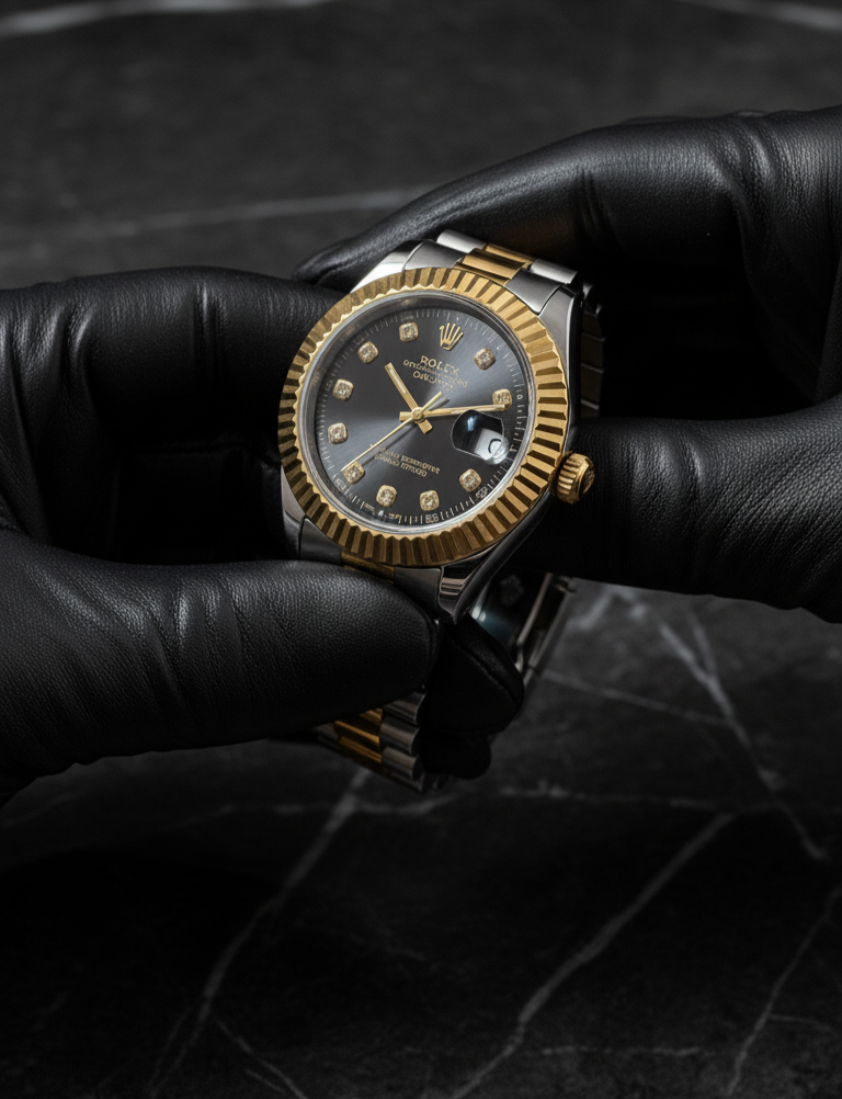 Rolex Black With Two Tone Stainless Steel Chain