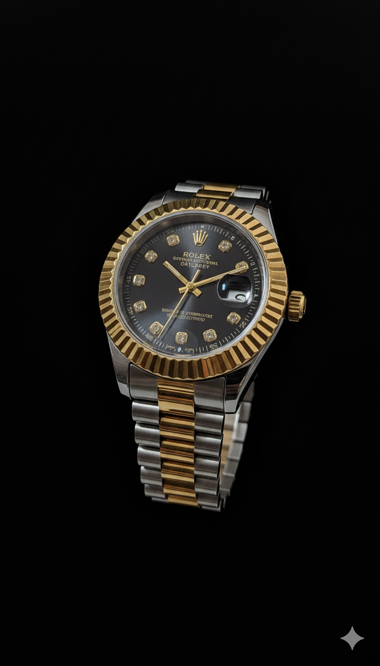 Rolex Black With Two Tone Stainless Steel Chain