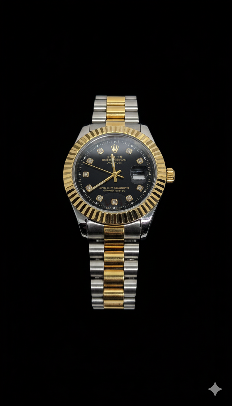 Rolex Black With Two Tone Stainless Steel Chain