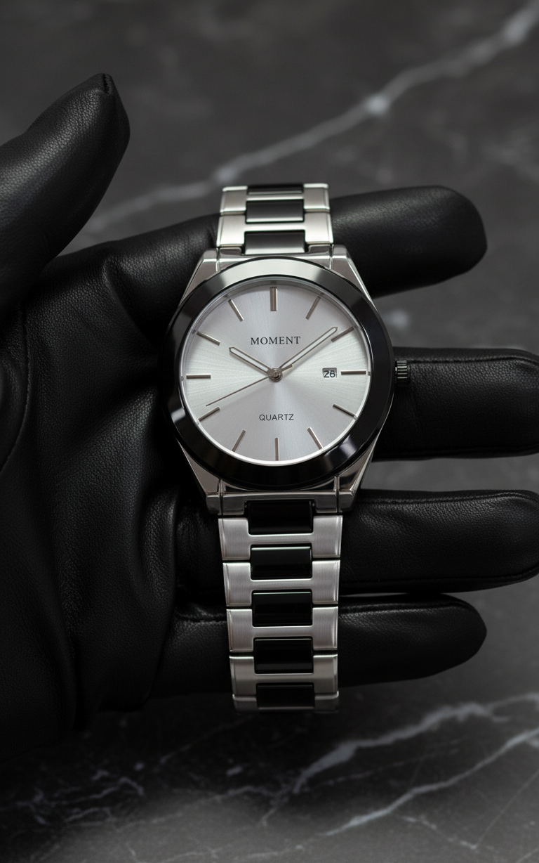 Moment Quart With Black Stone And Stainless Steel Chain