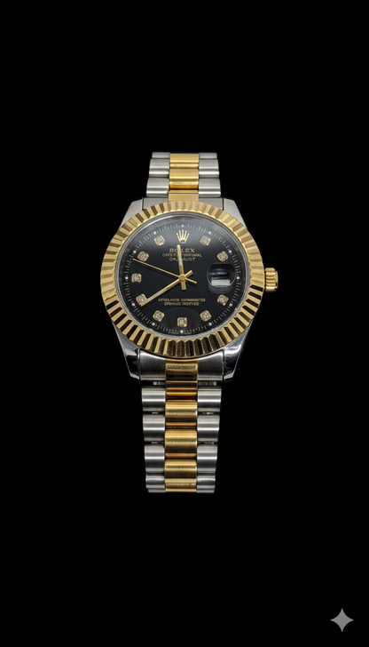 Rolex Black With Two Tone Stainless Steel Chain